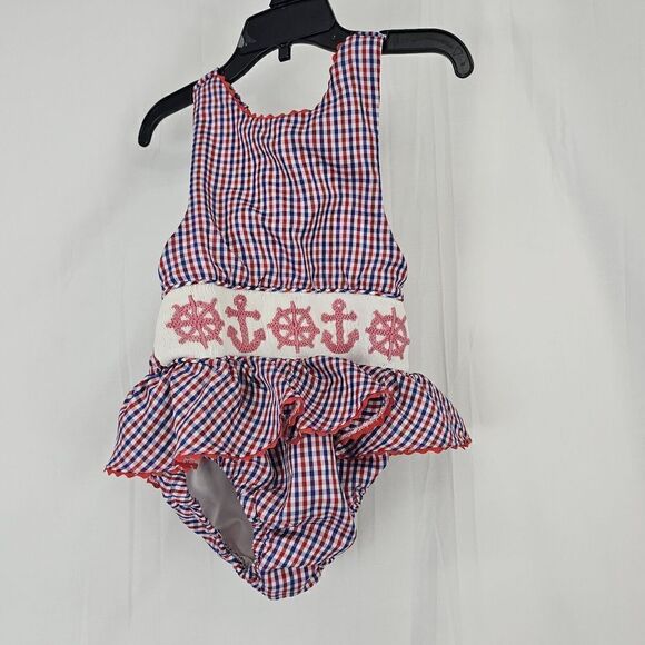 Stitches Of Faith Red White Blue Anchor Smocked Toddler Girl Size 3T Swimsuit - Picture 1 of 7